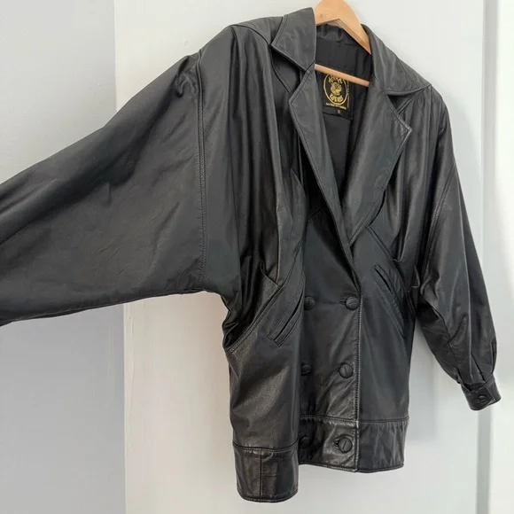 Vintage black leather oversized double breasted jacket - size 2 (Small) - Picture 5 of 7